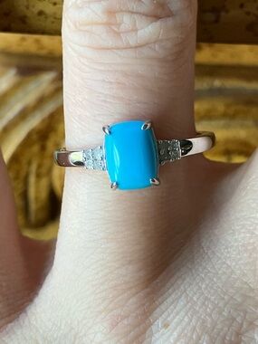 Natural Sleeping Beauty Turquoise White Diamond Sterling Silver Ring Size 8